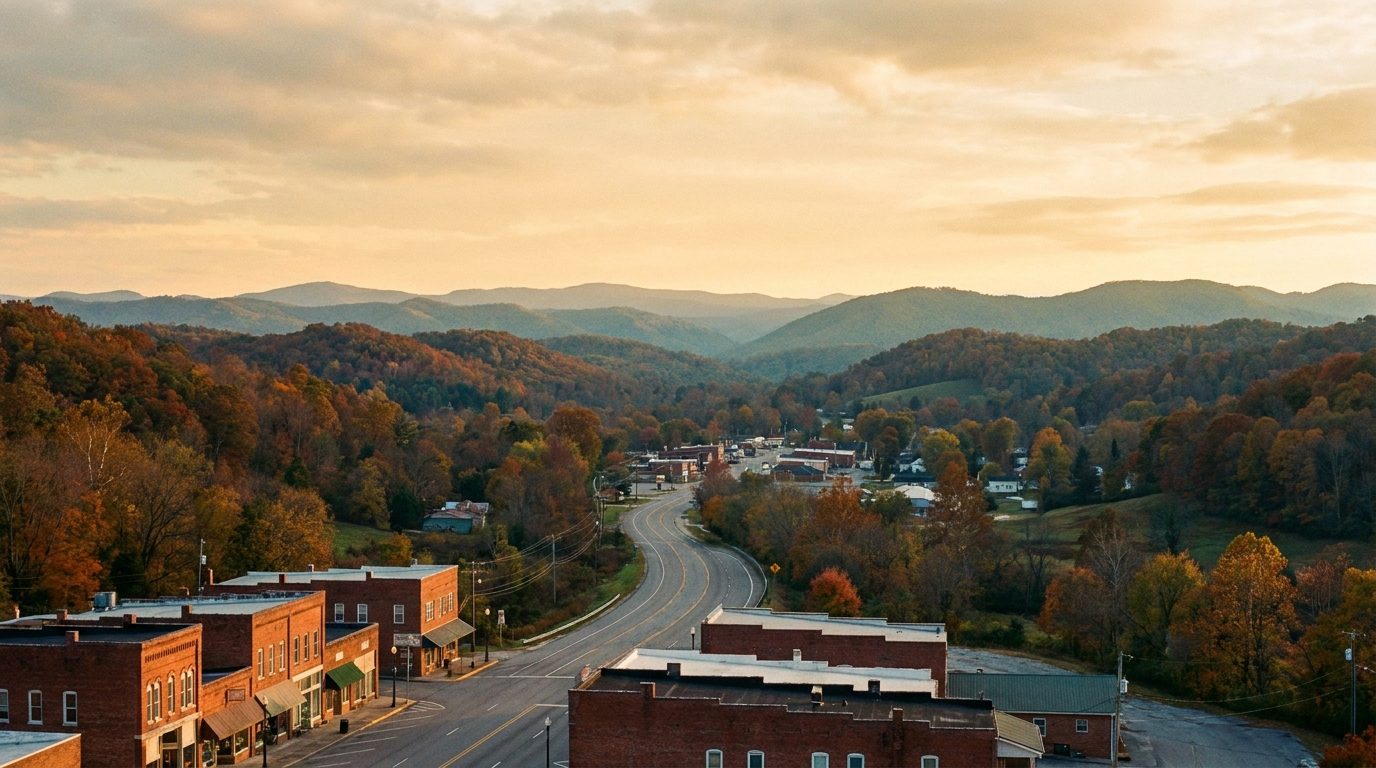 The Cumberland Plateau at golden hour above a small Tennessee town near Crossville