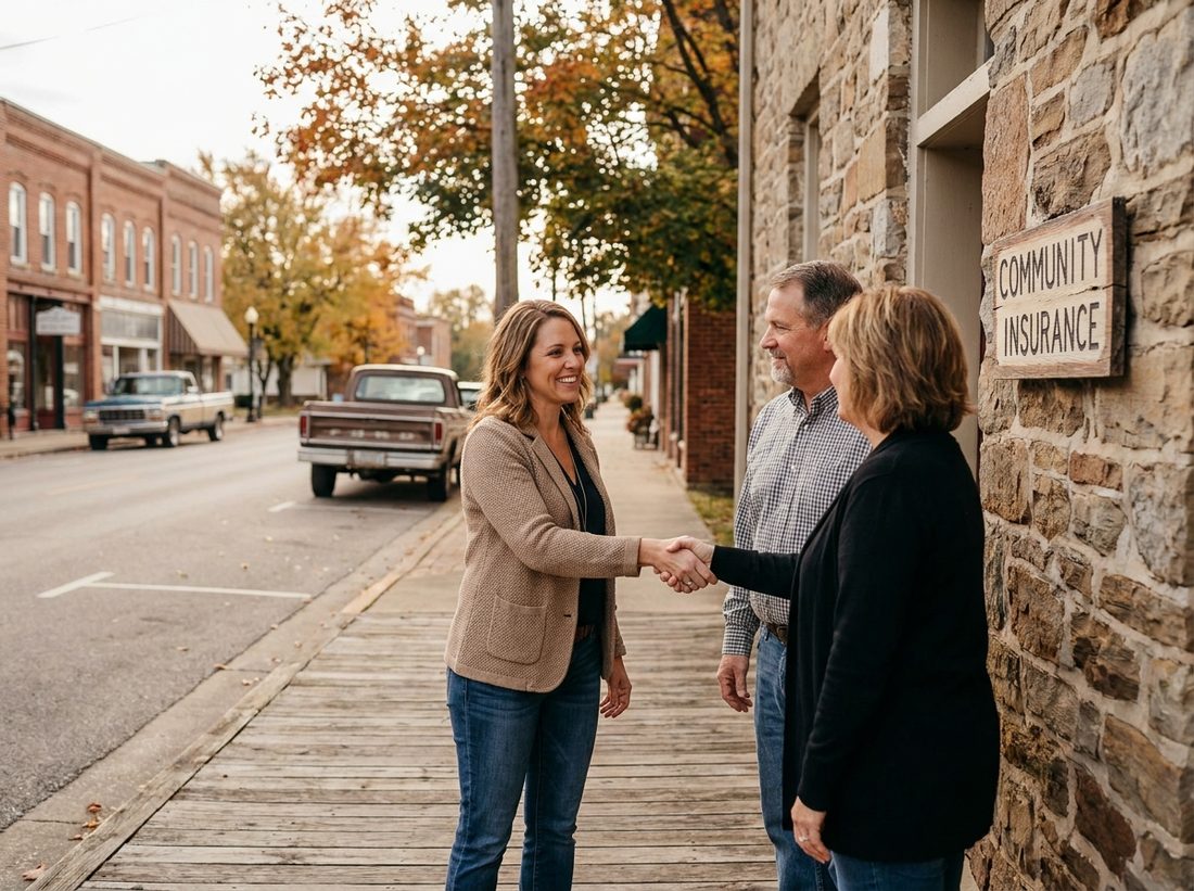 A Strong Insurance agent greeting neighbors on a small-town Tennessee main street