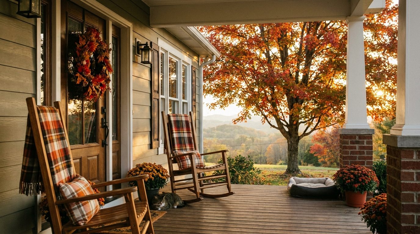 A warm front porch overlooking the Cumberland Plateau in autumn