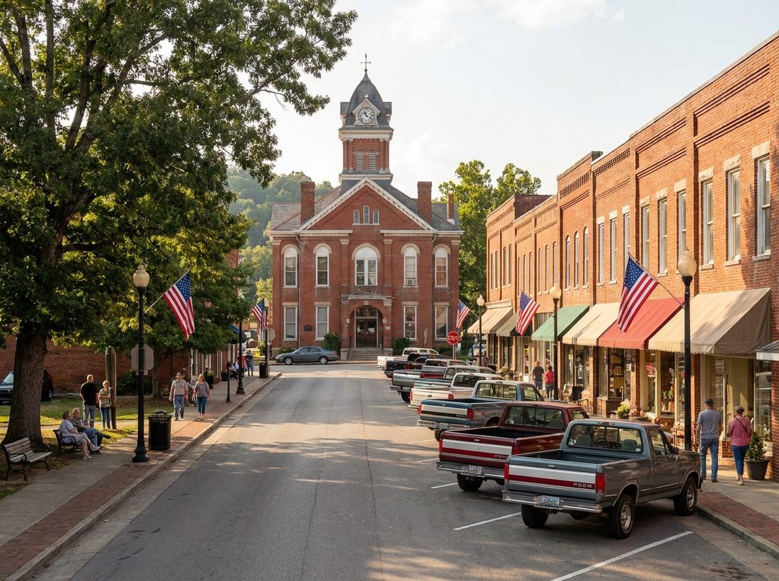 Historic county courthouse square and brick storefronts on the Cumberland Plateau